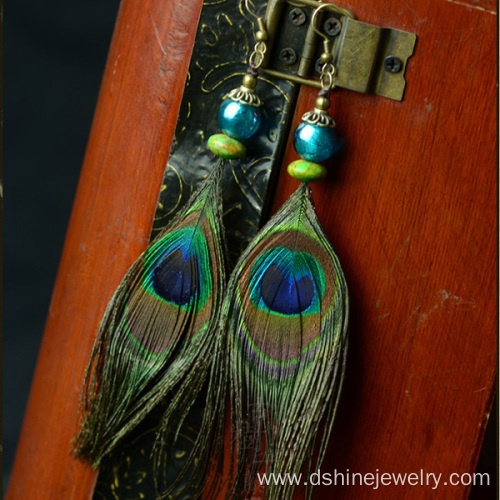 Customized Retro Peacock Feather Earring With TurquoiseBead